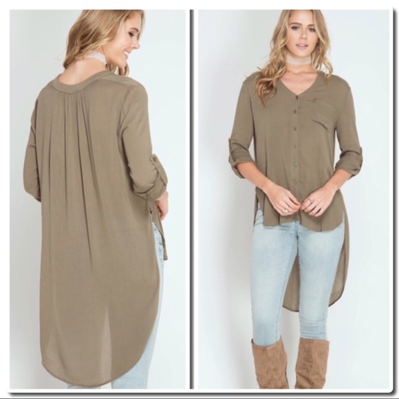 Hi Low Button down Tunic Roll Tab Sleeves - Picture 2 of 3